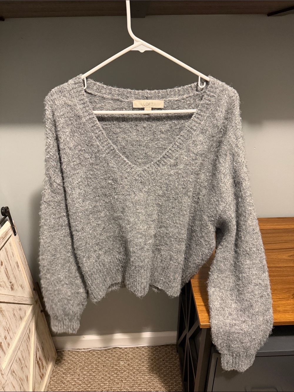 LOFT Gray Fuzzy V-Neck Sweater